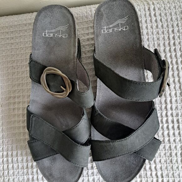 Dansko Black Wedge Sandals with Silver Buckle - Picture 9 of 16